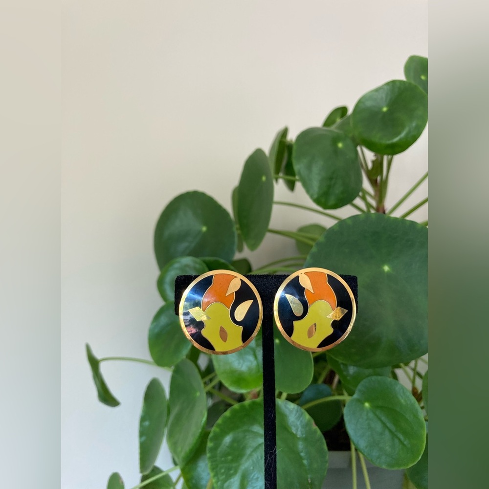 Vintage 80s Laurel Burch Abstract Geometric Cloisonné Clip on Earrings